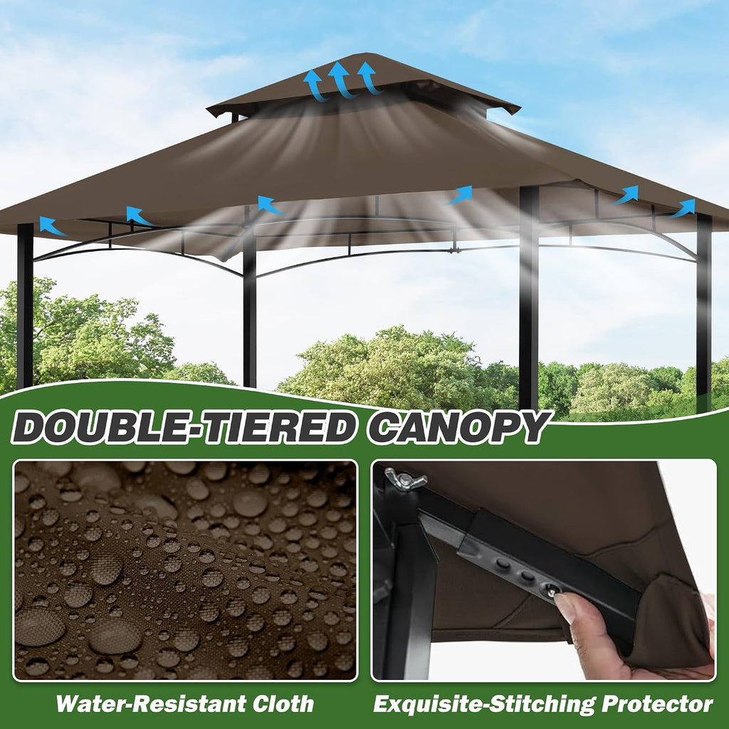 GARTOO 8'x5' Outdoor Grill Gazebo - Double Roof BBQ Gazebo Canopy with 2 Side Shelves and LED Lights, Patio BBQ Pergola Shelter for Garden, Porch and Backyard (Brown)