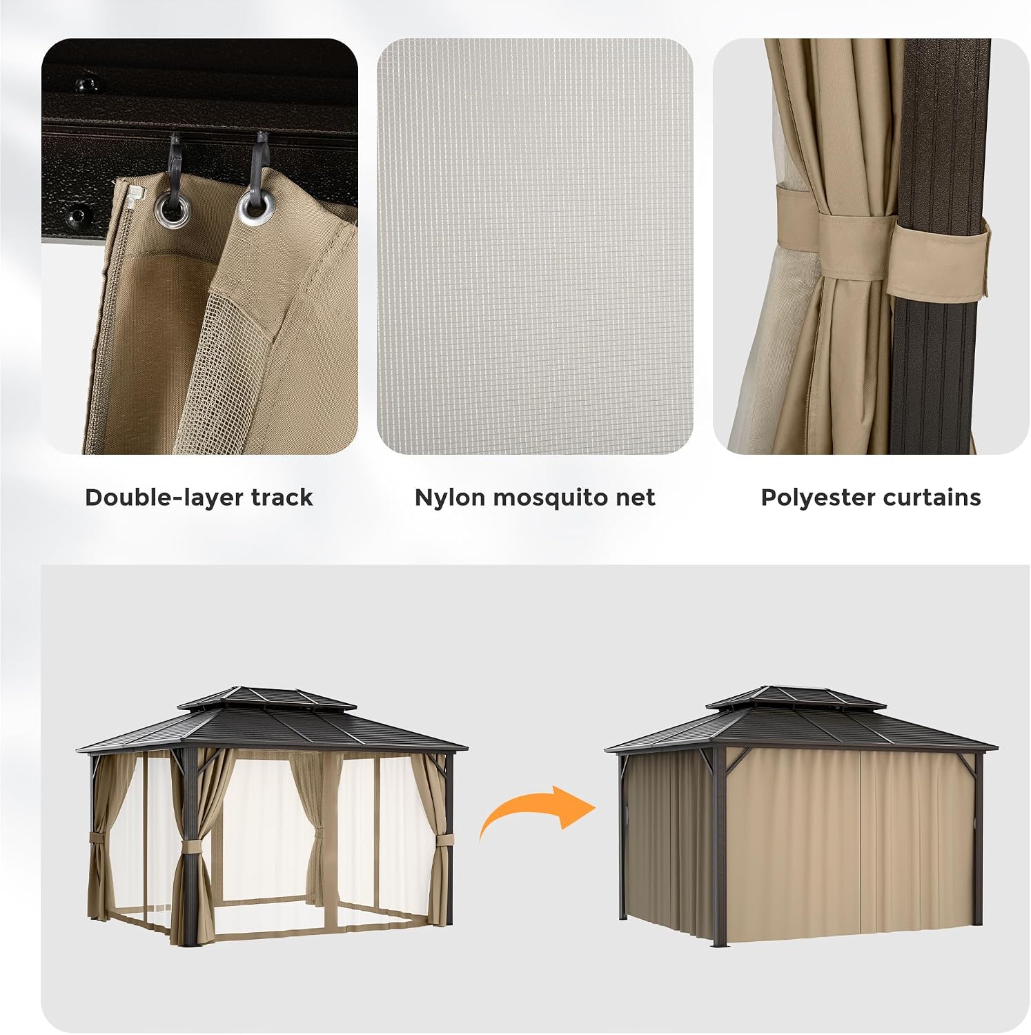 HAPPATIO 10' x 12' Hardtop Gazebo with Aluminum Frame, Outdoor Gazebo Hardtop with Galvanized Steel Double Roof for Deck, Backyard, Patio, Lawns (Brown)