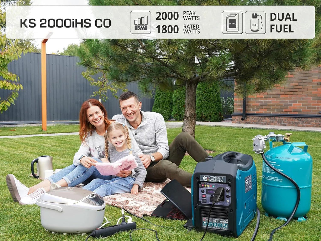 Konner&Sohnen Inverter Generator - 2000 W, Dual Fuel, Lightweight and Portable, Super Quiet with CO Sensor and Fuel-Efficient Technology, LPG/Gas Powered (German brand, model: KS 2000iHS CO)