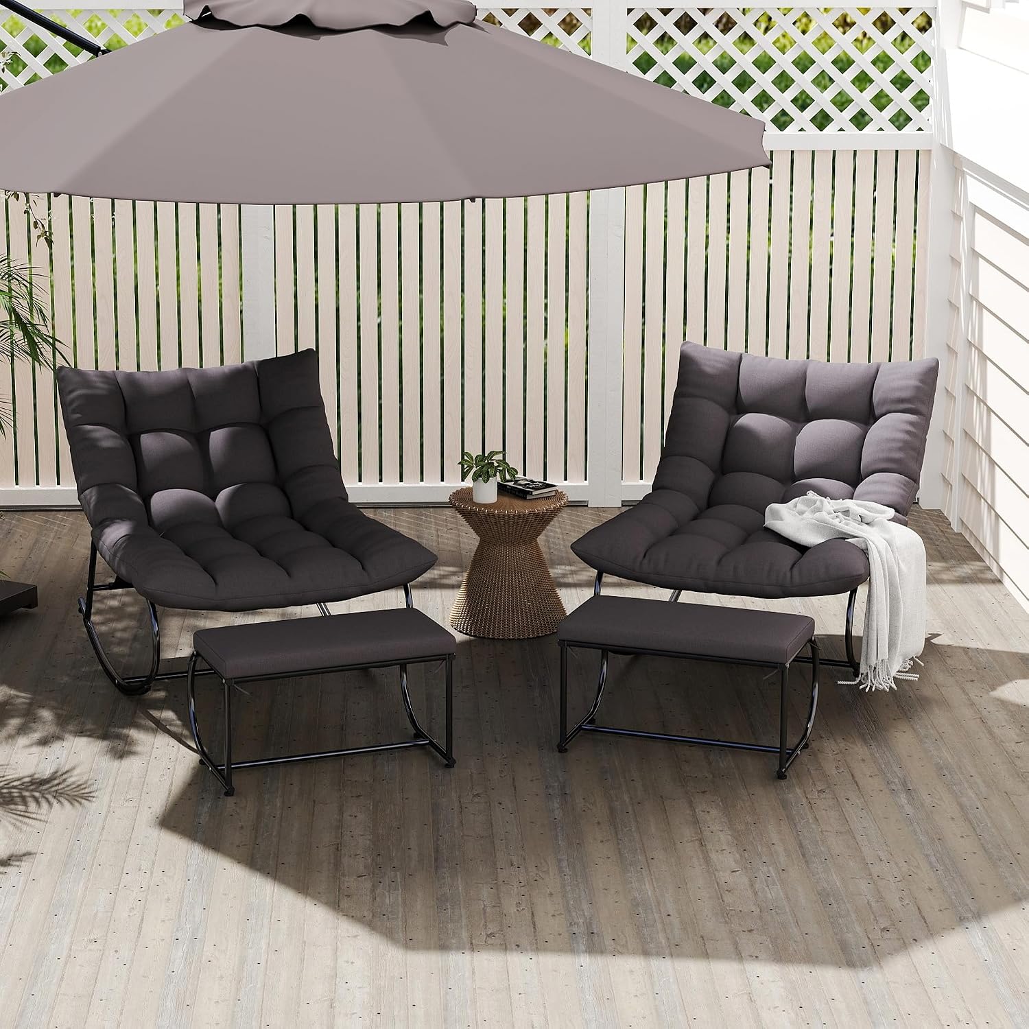 Upholstered Outdoor Rocking Chairs, Modern Patio Rocking Chair Set of 2 with Foot Rest, Sturdy Metal Papasan Rocking Chair, Cozy Rockings Recliner Chair for Bedroom/Living Room/Lawn, Gray