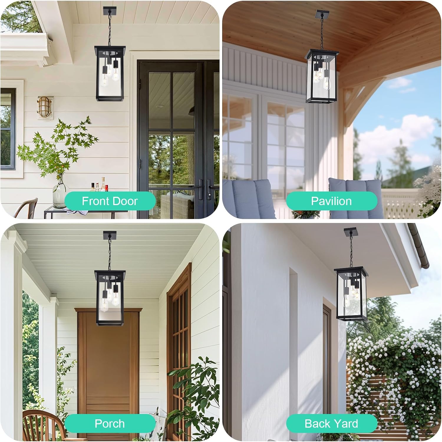 Yaohong 17'' Large Outdoor Pendant Light, 3-Lights Matte Black Exterior Hanging Lantern with Clear Glass, Outdoor Chandelier Ceiling Light Fixture for Porch, Patio, Gazebo, Entryway