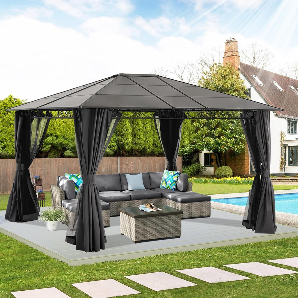 10x12 Hardtop Patio Gazebo with Curtains and Netting by ABCCANOPY