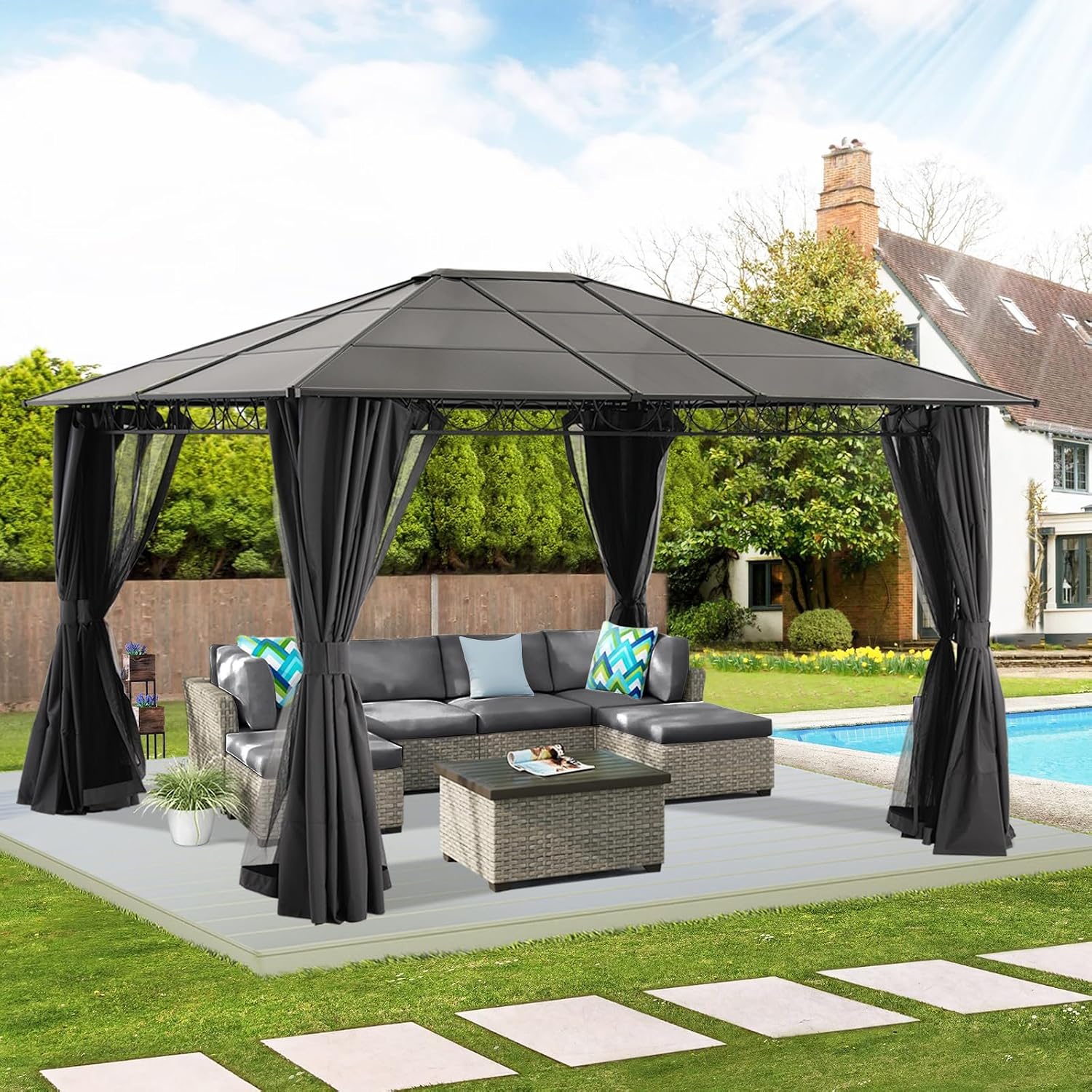 10x12 Hardtop Patio Gazebo with Curtains and Netting by ABCCANOPY