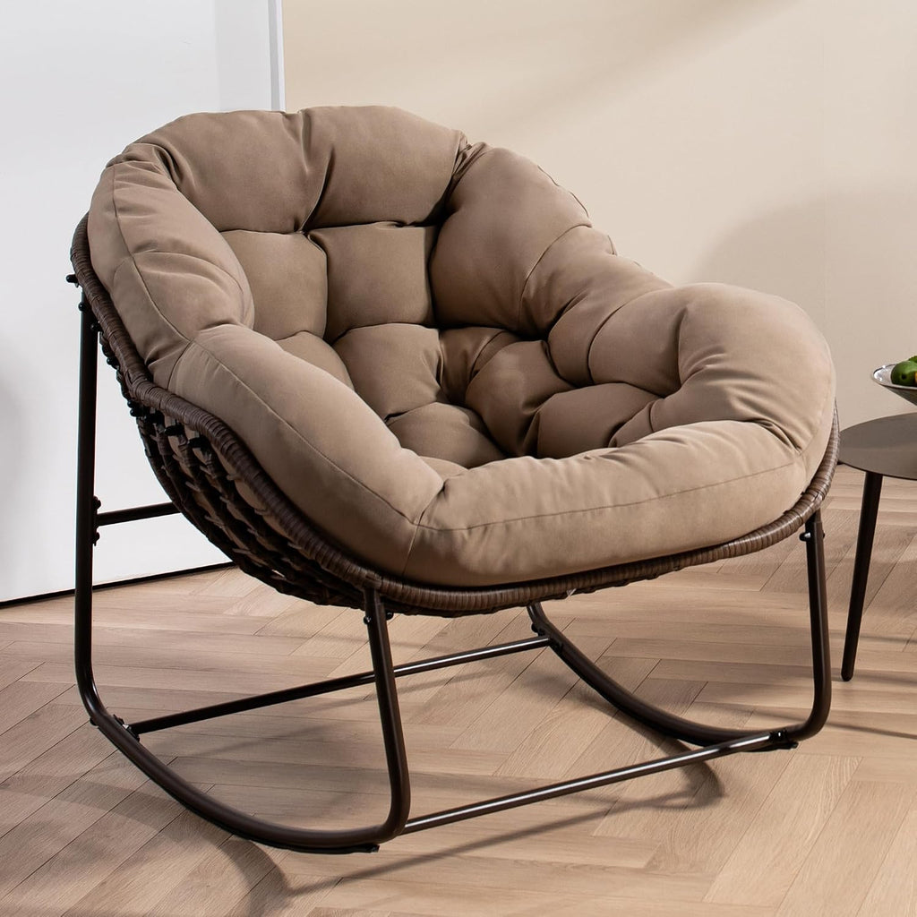 HOMEFUN Outdoor Patio Rocking Chairs, Oversized Papasan Rock Chair Indoor with Padded Cushion - Rocker Egg for Front Porch, Garden, Backyard Khaki