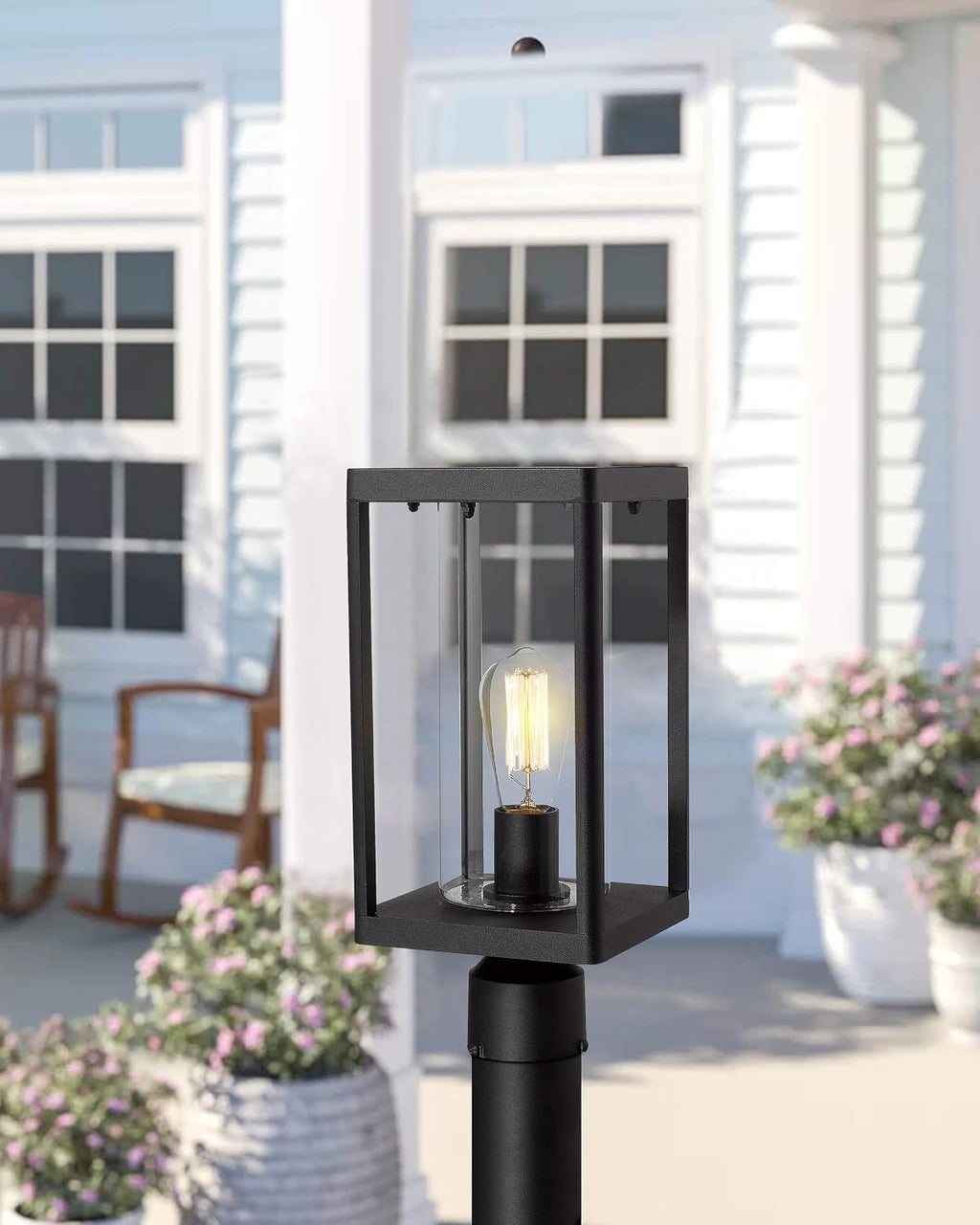 Beionxii Outdoor Post Lantern, 20inch Large Modern Lamp Post Light Fixture Exterior Pillar Lights with Pier Mount Base, Black Cast Aluminum w/Clear Cylinder Glass - A291P-2PK (NOT Solar, 110-120V AC)