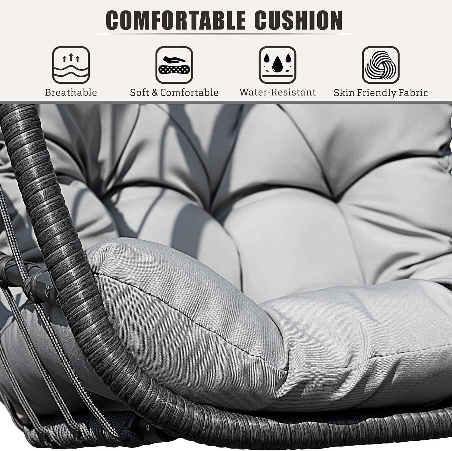 HWB Hanging Egg Chair with Stand, Swing Hammock Chair with Cushion for Indoor Outdoor, Patio Wicker Egg Swing Chair for Balcony Furniture, Light Gray