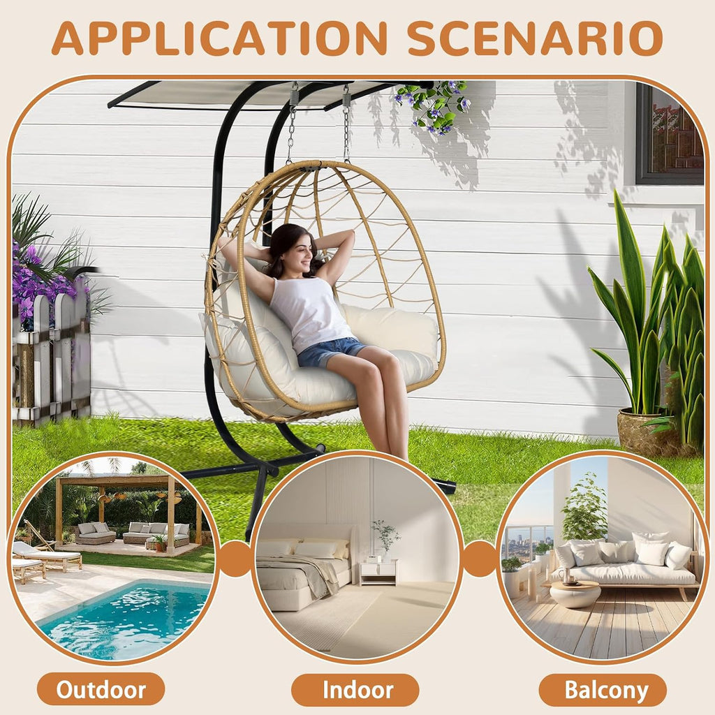 Double Egg Swing Chair With Stand & Adjustable Canopy, Outdoor Indoor Hanging Egg Chair, Handwoven Pe Rattan Loveseat With Uv-Resistant Cushions, 680Lbs Capacity For Patio, Garden, Balcony (White)