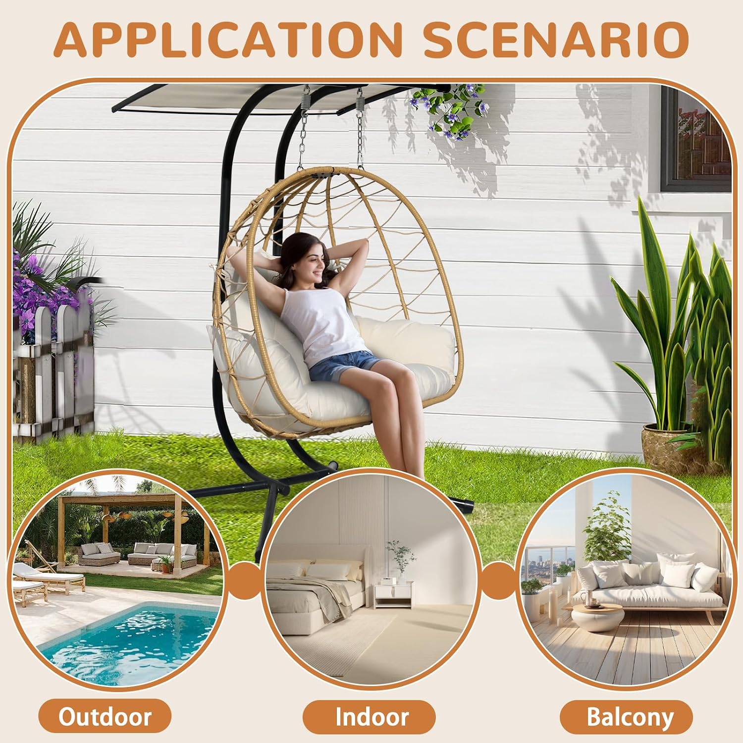 Double Egg Swing Chair With Stand & Adjustable Canopy, Outdoor Indoor Hanging Egg Chair, Handwoven Pe Rattan Loveseat With Uv-Resistant Cushions, 680Lbs Capacity For Patio, Garden, Balcony (White)