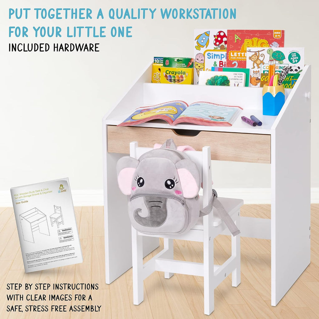 Lil' Jumbl Toddler Wooden Study Desk and Chair Set, Home School Learning Workstation with Writing Table, Storage Drawer, Tabletop Organizer & Hanging Hooks for Children Studying, Reading & Drawing