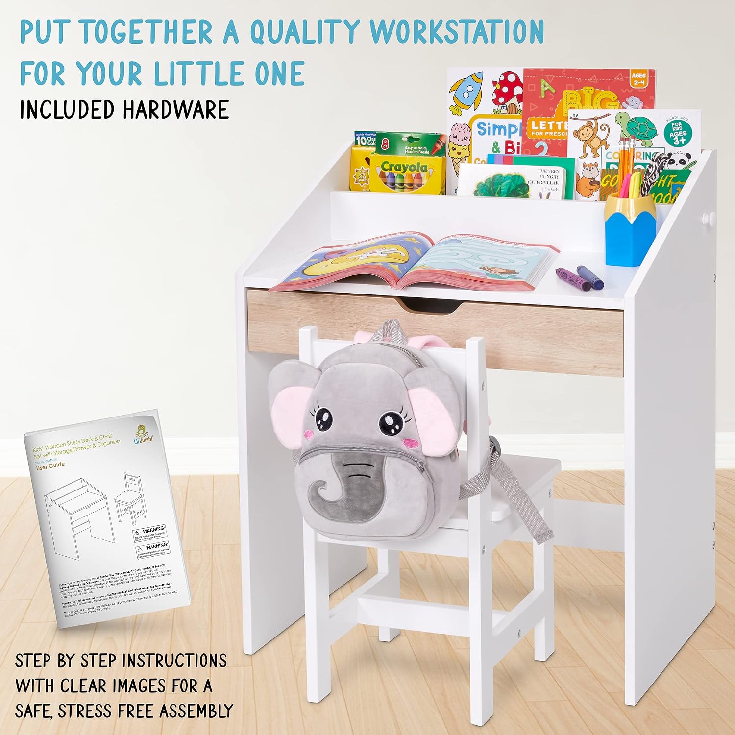 Lil' Jumbl Toddler Wooden Study Desk and Chair Set, Home School Learning Workstation with Writing Table, Storage Drawer, Tabletop Organizer & Hanging Hooks for Children Studying, Reading & Drawing
