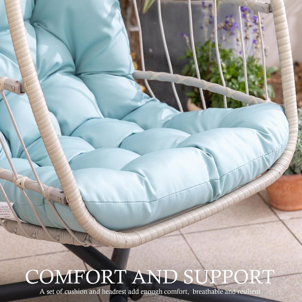 Yechen Egg Swing Chair with Stand, Patio Wicker Rattan Hanging Chair Swing Hammock Egg Chairs with UV Resistant Cushion for Indoor Bedroom Outdoor Garden Backyard, Light Blue (QH1912050036USBL)