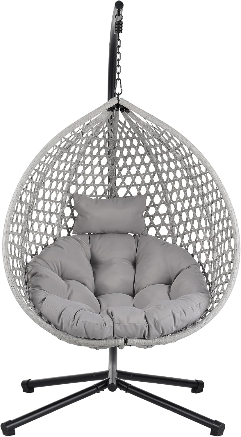 Sturdy Hammock Chair with Stand, Durable Hanging Egg Chair with Rattan Weaving,Comfortable Indoor Outdoor Swing Chairs with Soft Removable Cushion,Suitable for Balcony, Bedroom,or Garden, Gray+Gray