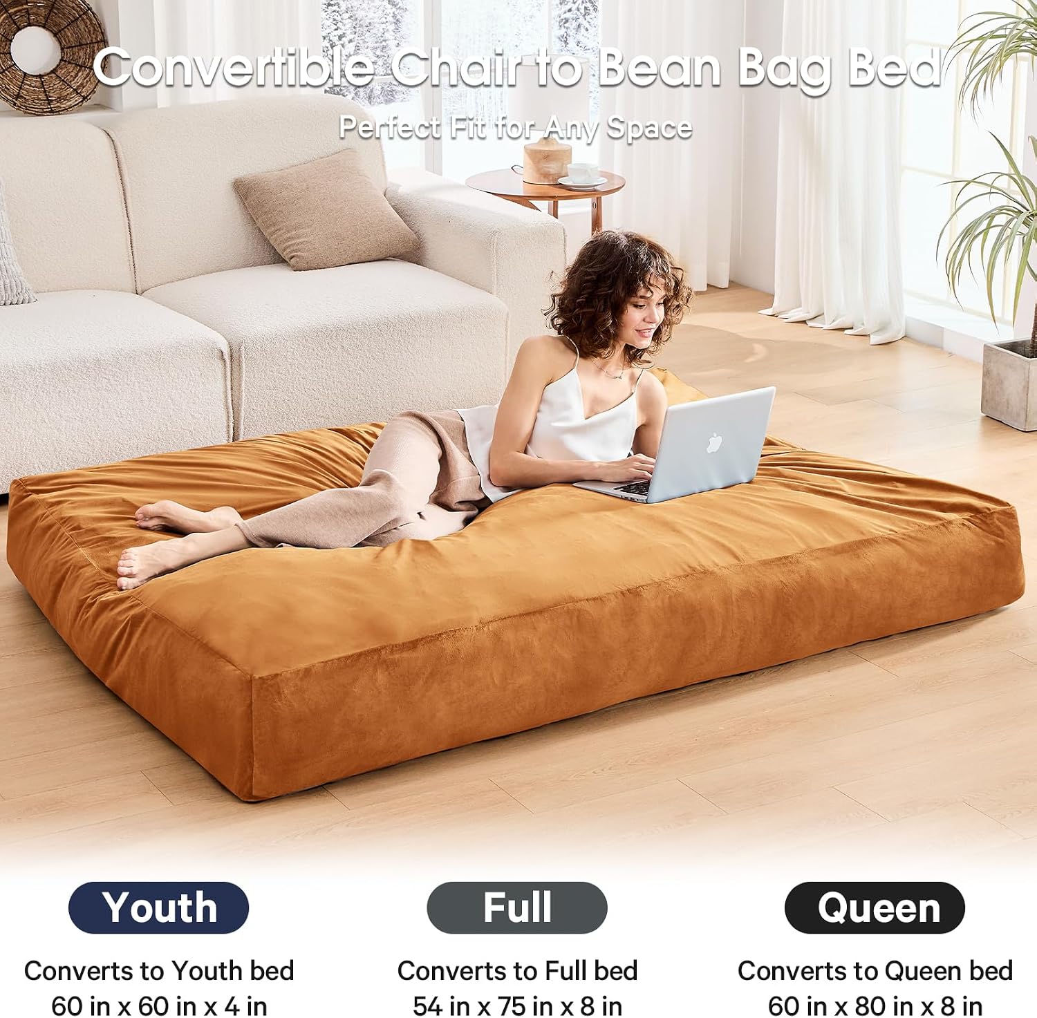 Bean Bag Chairs for Adults - Giant Bean Bag Chair Convertible Bean Bag Bed - Beanbag Chair with Micro Fiber Cover/Furniture Foam Filler - Floor Couch Sofa in Bedroom Dorm Room - Queen Golden Brown