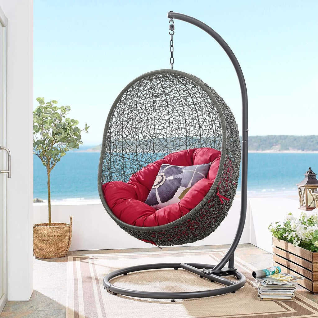 Modway Hide Wicker Rattan Outdoor Patio Porch Lounge Egg Swing Chair Set with Stand in Gray Red