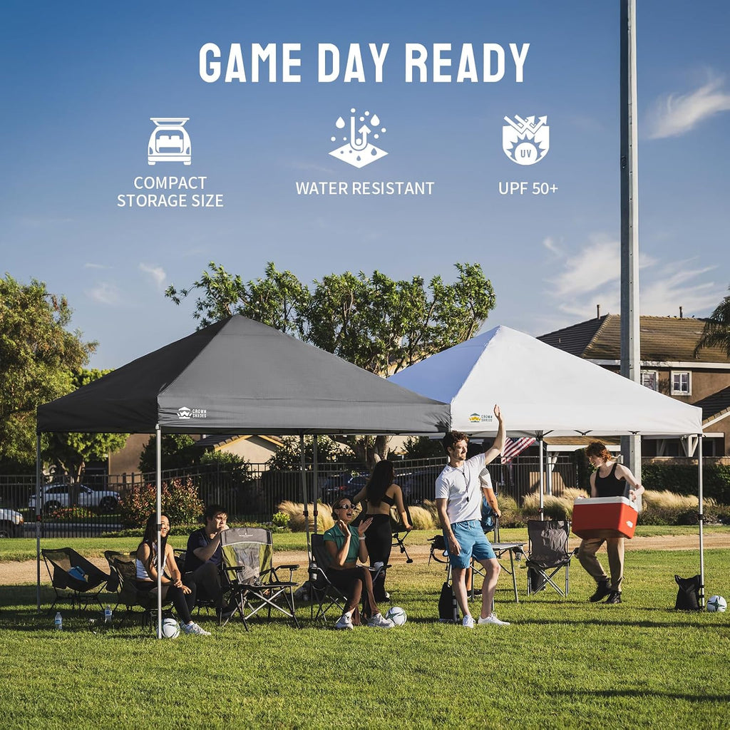 CROWN SHADES 8x8 Pop Up Canopy - Beach Tent with One Push Setup - Easy Outdoor Sun Shade for Events, Parties, Camping - Gazebo with STO-N-Go Cover Bag, Silver Coated Top,Grid Grey