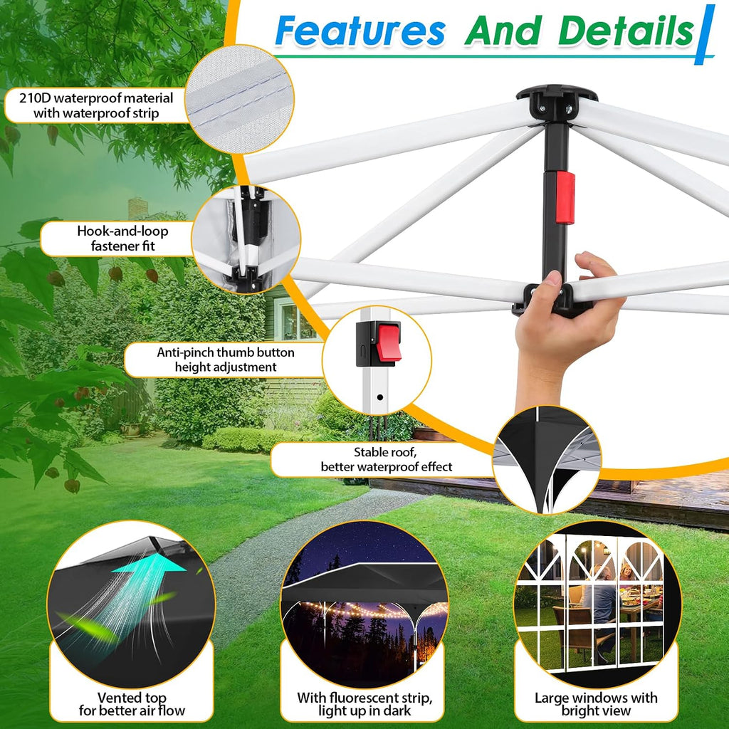 COBIZI 10x20 Pop up Canopy Tent with 4 Sidewalls Outdoor Canopy Tent for Party with Push Center Lock & Air Vent, 2000mm+Waterproof Gazebo Canopy UPF 50+with 4 Sandbags,12 Stakes & 6 Ropes,Black