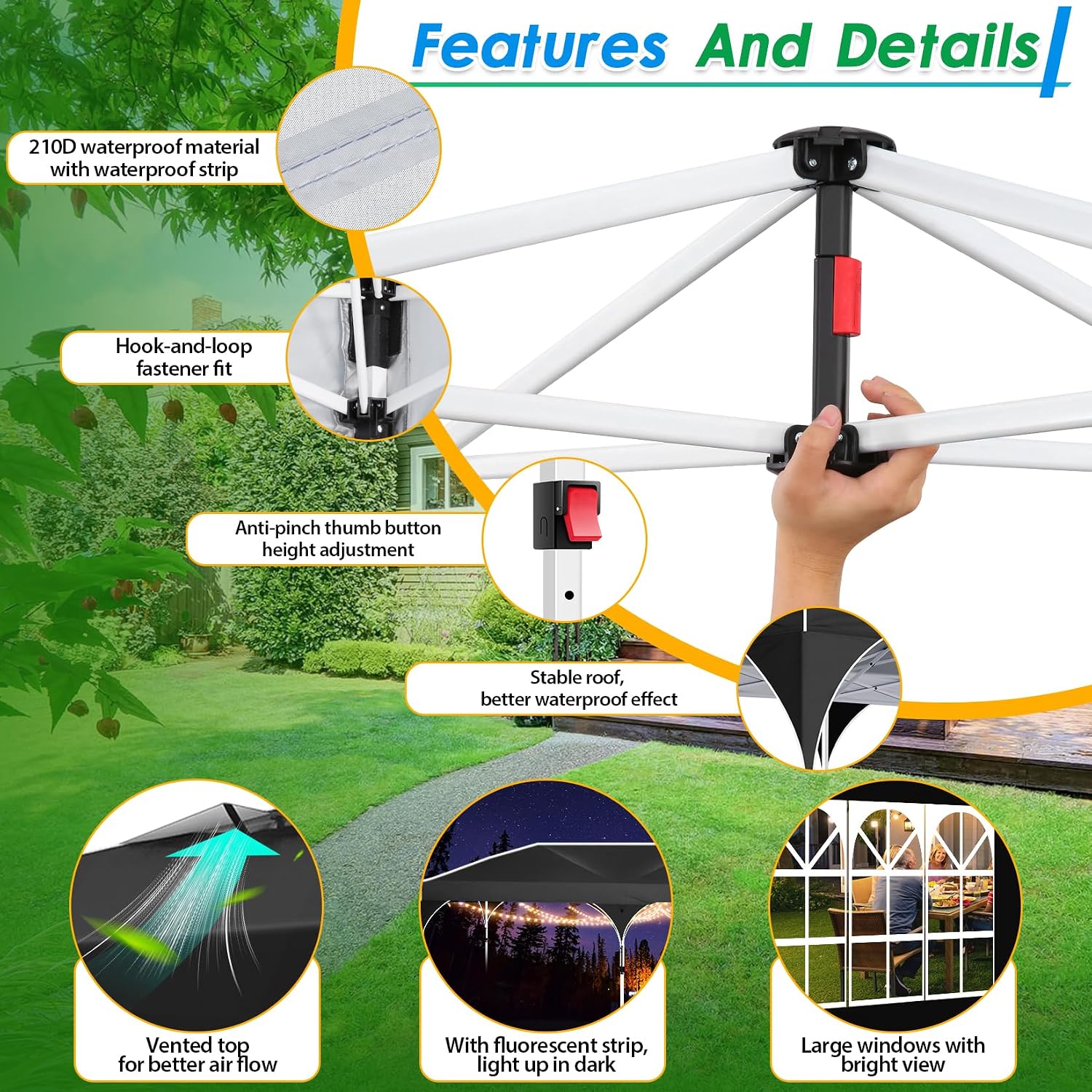 COBIZI 10x20 Pop up Canopy Tent with 4 Sidewalls Outdoor Canopy Tent for Party with Push Center Lock & Air Vent, 2000mm+Waterproof Gazebo Canopy UPF 50+with 4 Sandbags,12 Stakes & 6 Ropes,Black