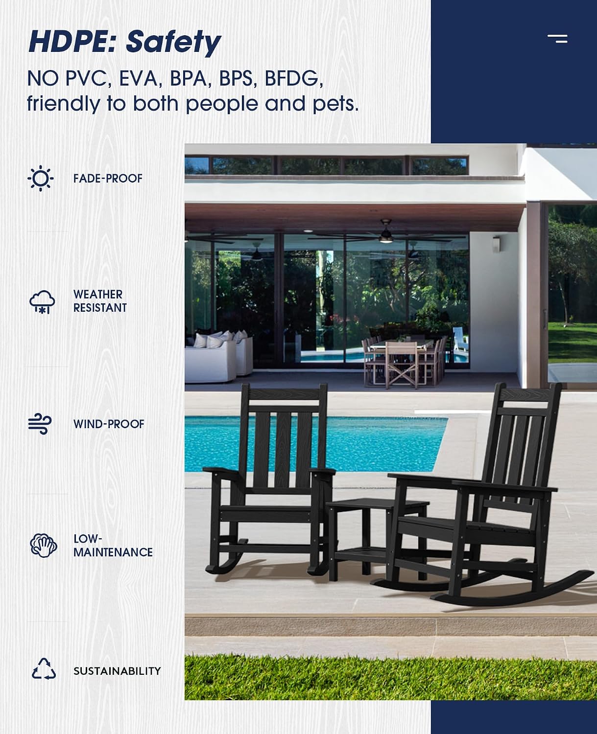 KINGYES Oversized Outdoor Rocking Chair Set of 2, All-Weather Patio Rocking Chairs for Porch, HDPE Outdoor Patio Rockers with High Back & Wide Seat for Garden, Lawn, Black