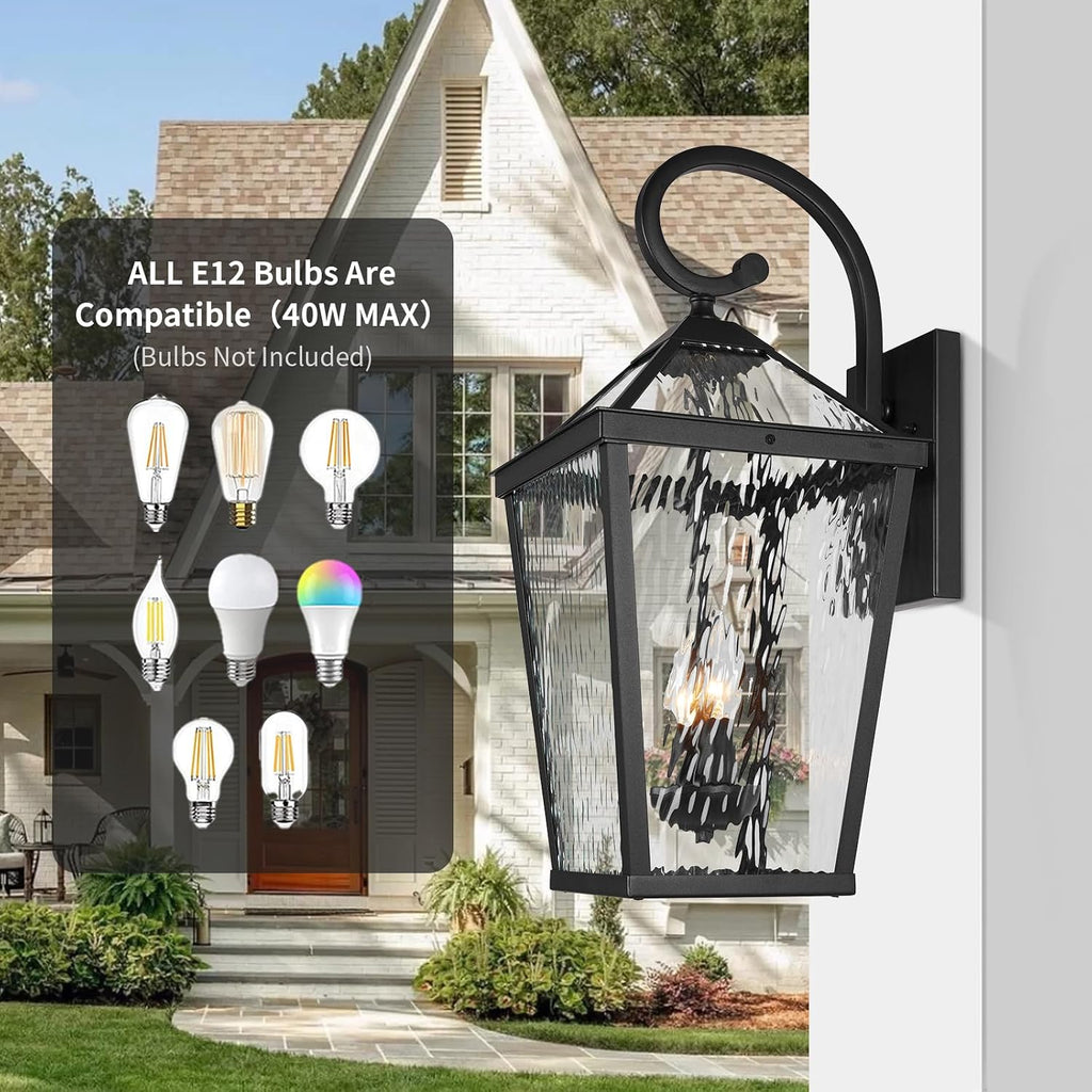 Treekee Outdoor Wall Light Fixture, Modern Waterproof Exterior Wall Lantern with E12 Sockets & Water Ripple Glass, Matte Black Rustic Wall Sconce Porch Lamp for Patio, Garage, Yard, Front Door, Garden