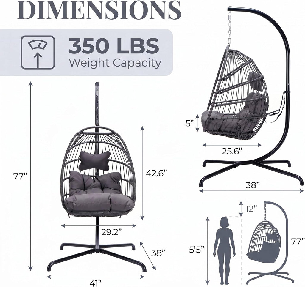 BULEXYARD Outdoor Egg Swing Chair with Stand, 350 Lbs Heavy-Duty Rattan Hammock Hanging Wicker Patio Chair with Cushion, Comfy Eggshell Basket for Indoor Bedroom Balcony Garden Porch, Dark Grey
