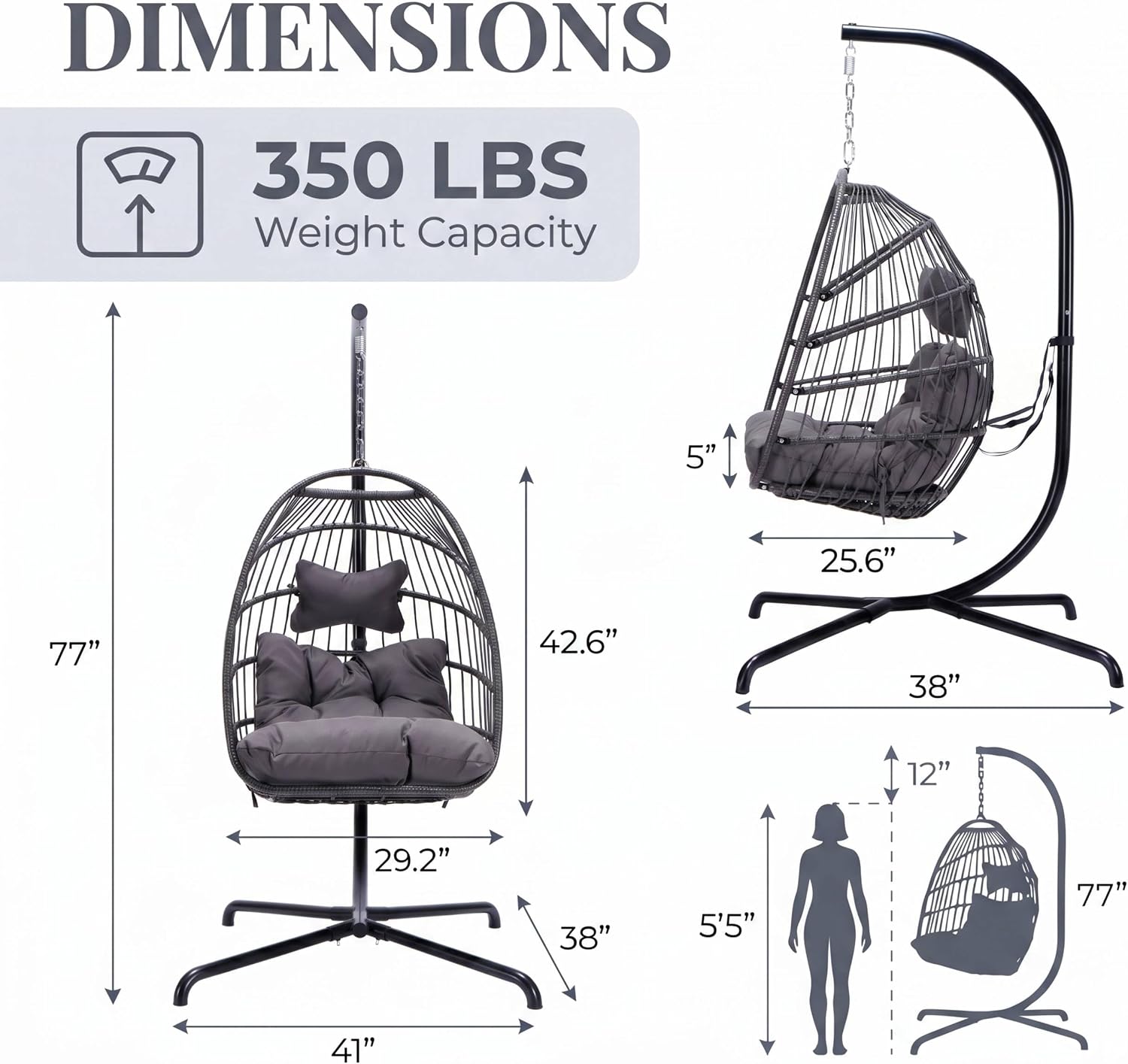 BULEXYARD Outdoor Egg Swing Chair with Stand, 350 Lbs Heavy-Duty Rattan Hammock Hanging Wicker Patio Chair with Cushion, Comfy Eggshell Basket for Indoor Bedroom Balcony Garden Porch, Dark Grey