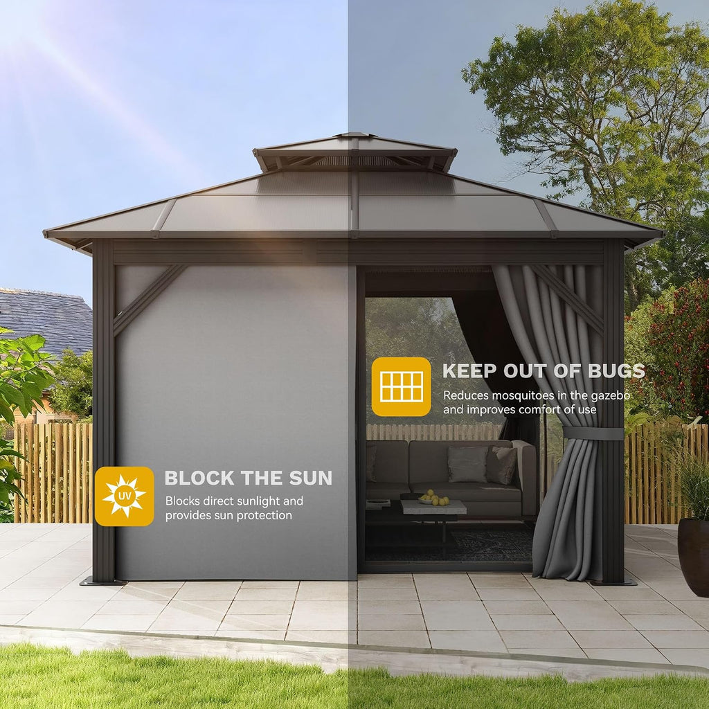 DWVO 10x10ft Gazebo Hardtop Double Roof Polycarbonate Canopy Outdoor with Netting and Shaded Curtains, Metal Frame Garden Tent for Patio, Backyard, Deck and Lawns, Gray