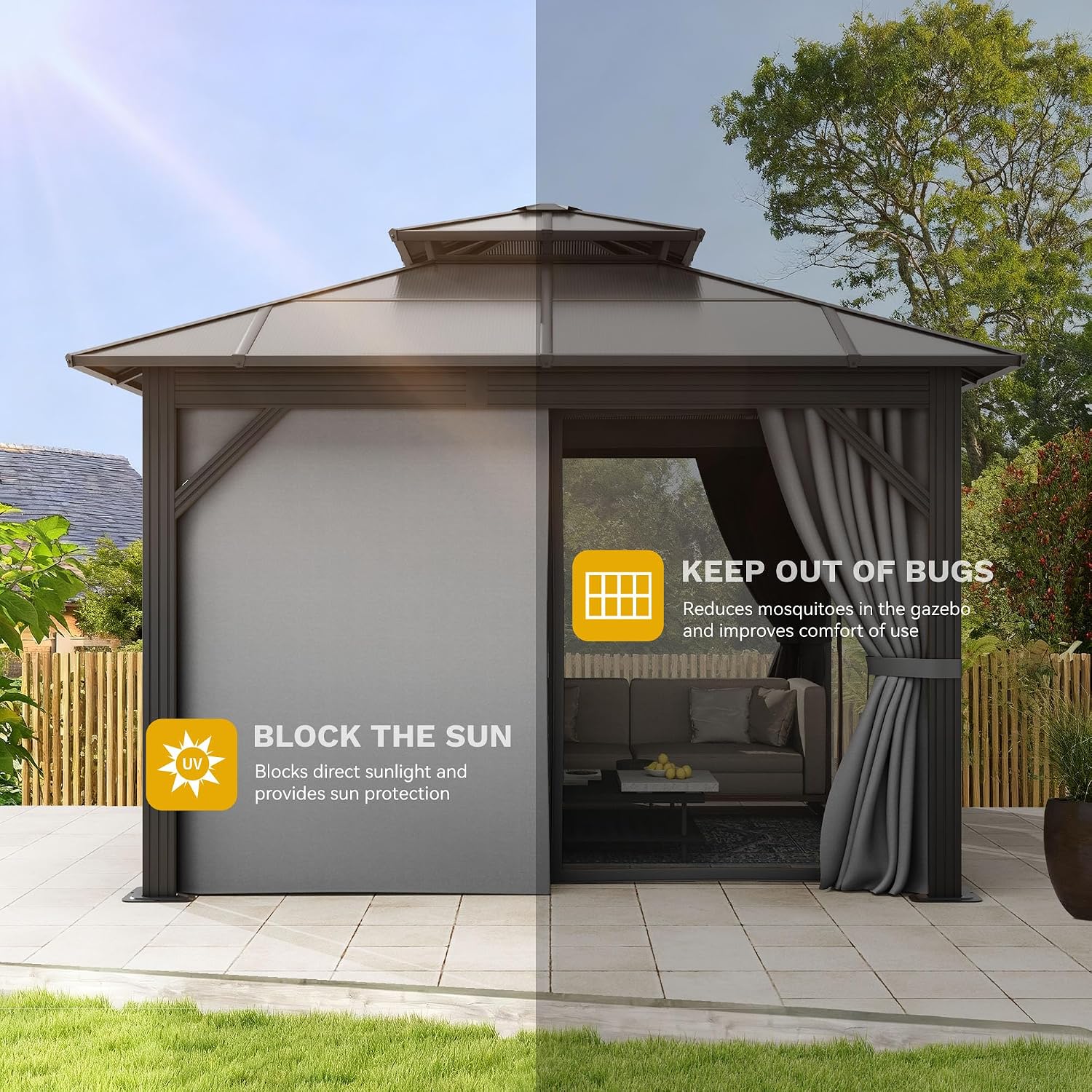 DWVO 10x10ft Gazebo Hardtop Double Roof Polycarbonate Canopy Outdoor with Netting and Shaded Curtains, Metal Frame Garden Tent for Patio, Backyard, Deck and Lawns, Gray