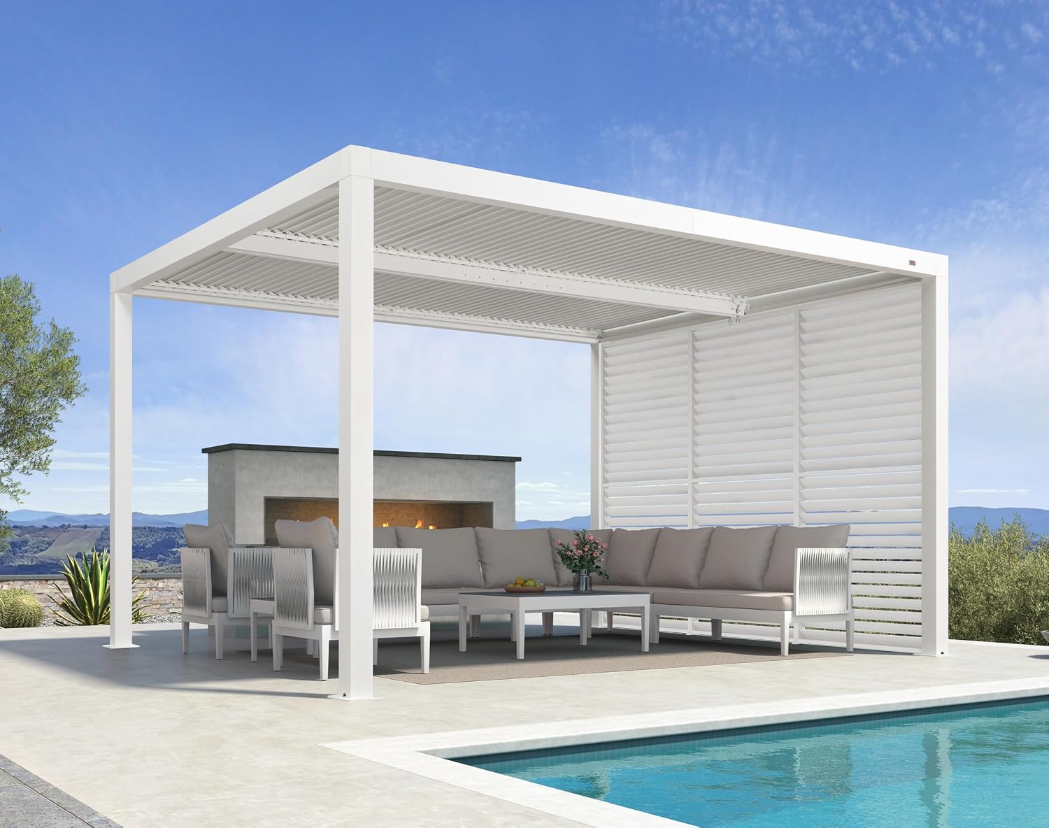 PURPLE LEAF Louvered Pergola 11' x 13' Outdoor White Aluminum Pergola with Fixed Shutter Wall Adjustable Roof Gazebo for Patio Backyard, 1 Short Side
