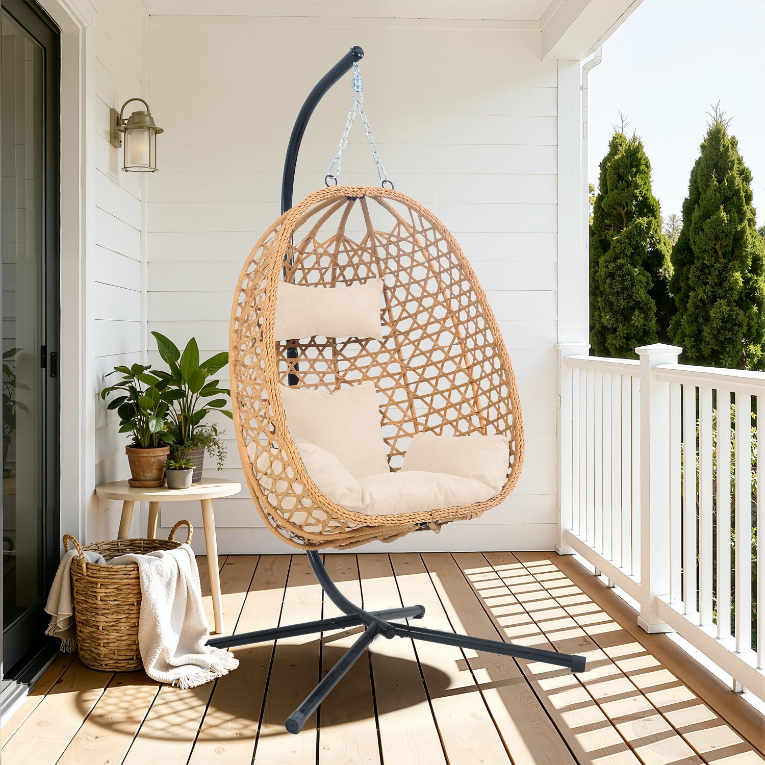 EortheX Hanging Egg Chair with Cushions – Comfortable Rattan Swing Chair with Stand for Patio, Garden, or Balcony – Stylish and Relaxing Outdoor Lounge Chair, 350LBS Capacity Indoor Outdoor (Yellow)