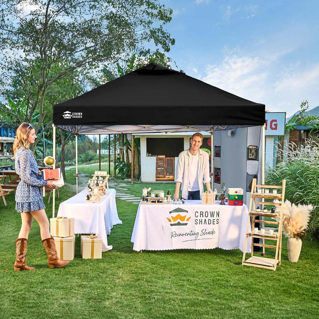 CROWN SHADES Canopy Tent, 10 x 10 Foot Portable Pop Up Outdoor Shelter with Pocket Sidewall, Push Center Lock, UV Protection, and Carry Bag, Black