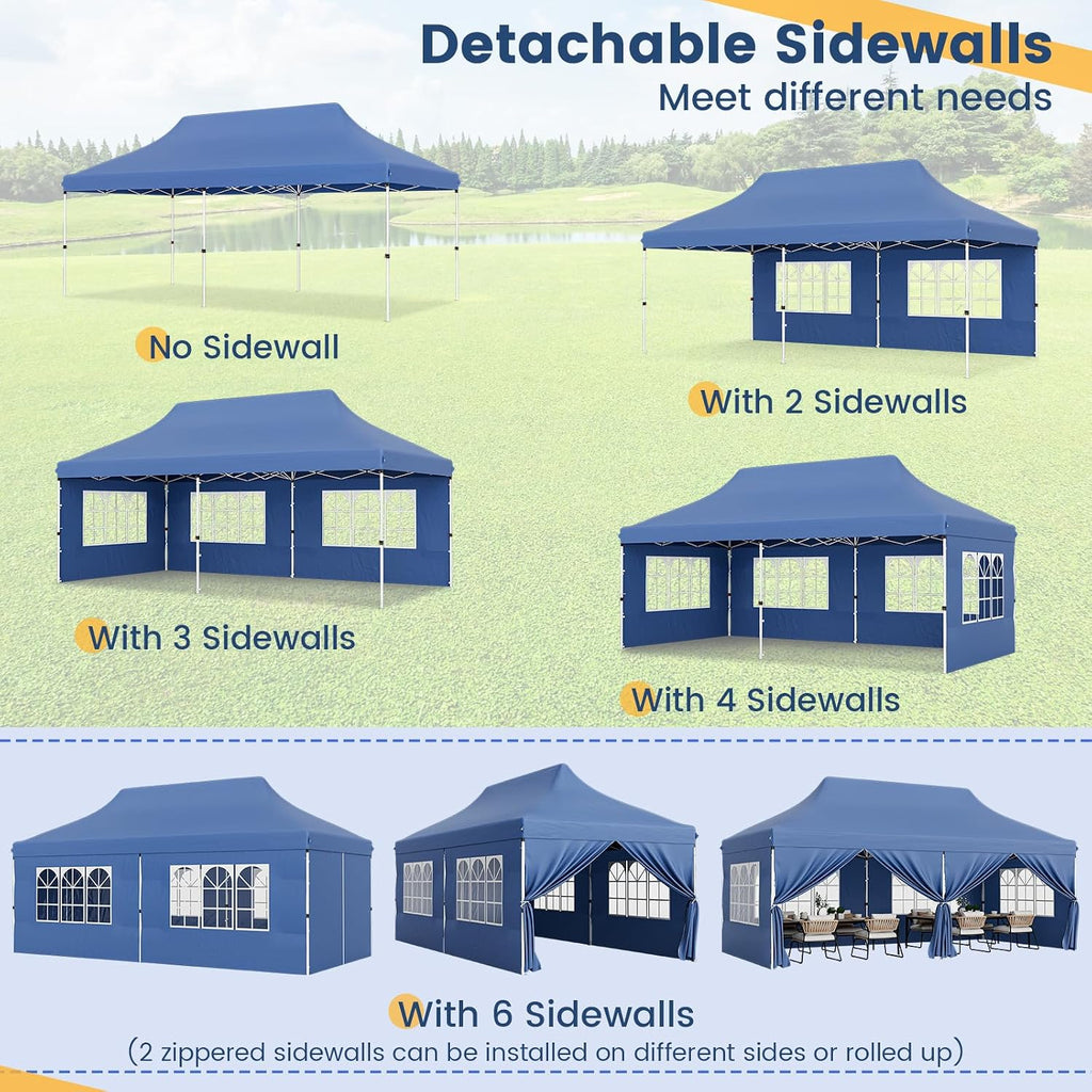 HAPPYGRILL 10x20FT Pop-up Canopy with Detachable Sidewalls, Instant Canopy Tent with Carrying Bag, UPF50+ Sun Protection, Easy Setup Gazebo for Outdoor Party Wedding, Blue