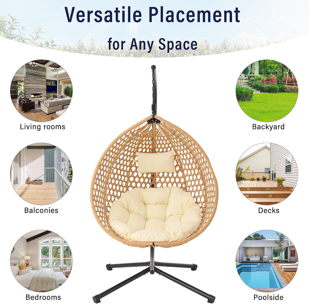 Polibi Hanging Egg Chair with Stand - PE Rattan Indoor Outdoor Swing Chair Heavy Duty 330lbs - Breathable Hollowed Design & Adjustable Headrest - Patio Balcony Garden Lounger,Beige+Brown+Yellow