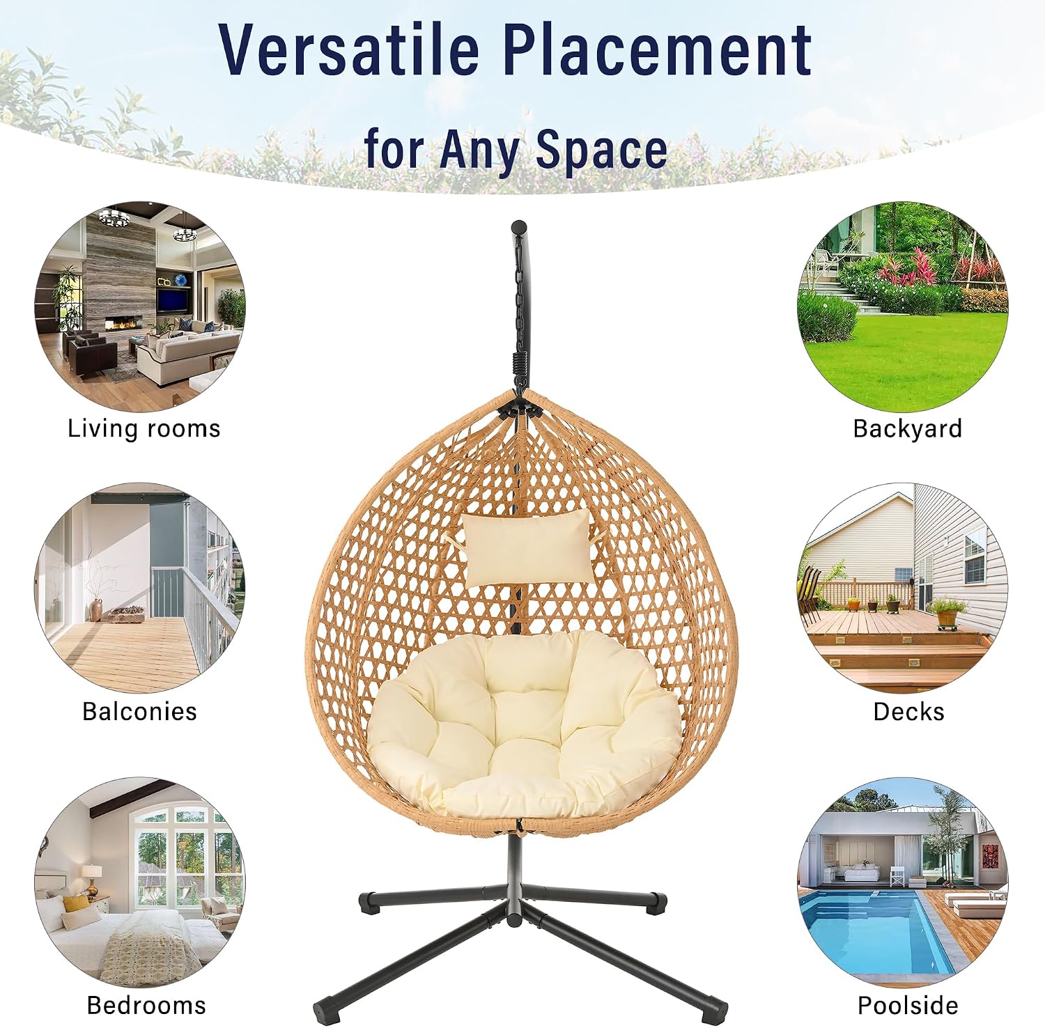 Polibi Hanging Egg Chair with Stand - PE Rattan Indoor Outdoor Swing Chair Heavy Duty 330lbs - Breathable Hollowed Design & Adjustable Headrest - Patio Balcony Garden Lounger,Beige+Brown+Yellow
