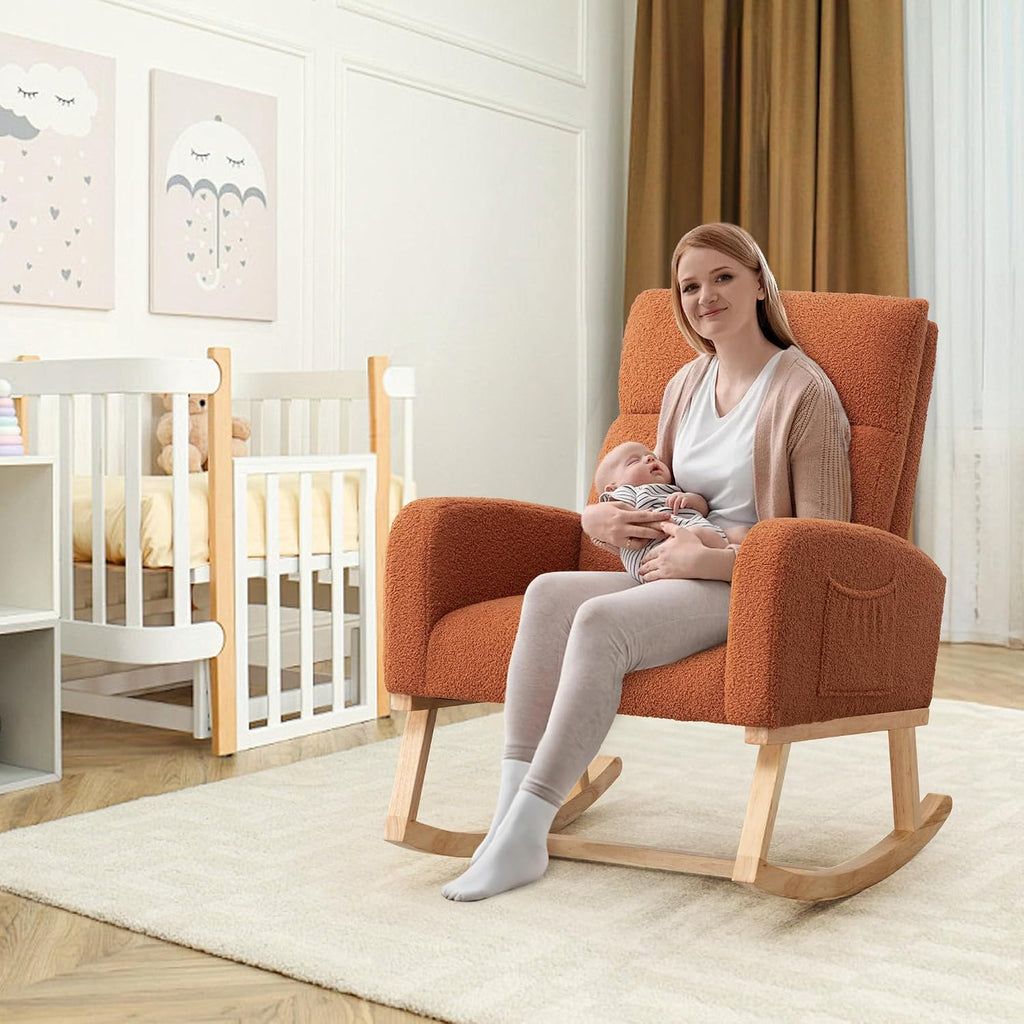 HCHAIRH Rocking Chair Nursery, Sherpa Nursing Rocking Chairs, Upholstered Nursery Glider Rocker for Mom Nursery Morden Accent Rocking Chair with Side Pocket for Living Room,Bedroom,Teddy Brown