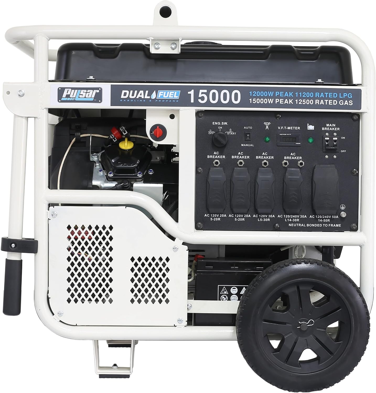 Pulsar PG15KVTWB 15,000W Dual Fuel Portable Generator, Gas or Propane, 713cc V-Twin Engine, Electric Start, 120V/240V, 50A Outlet