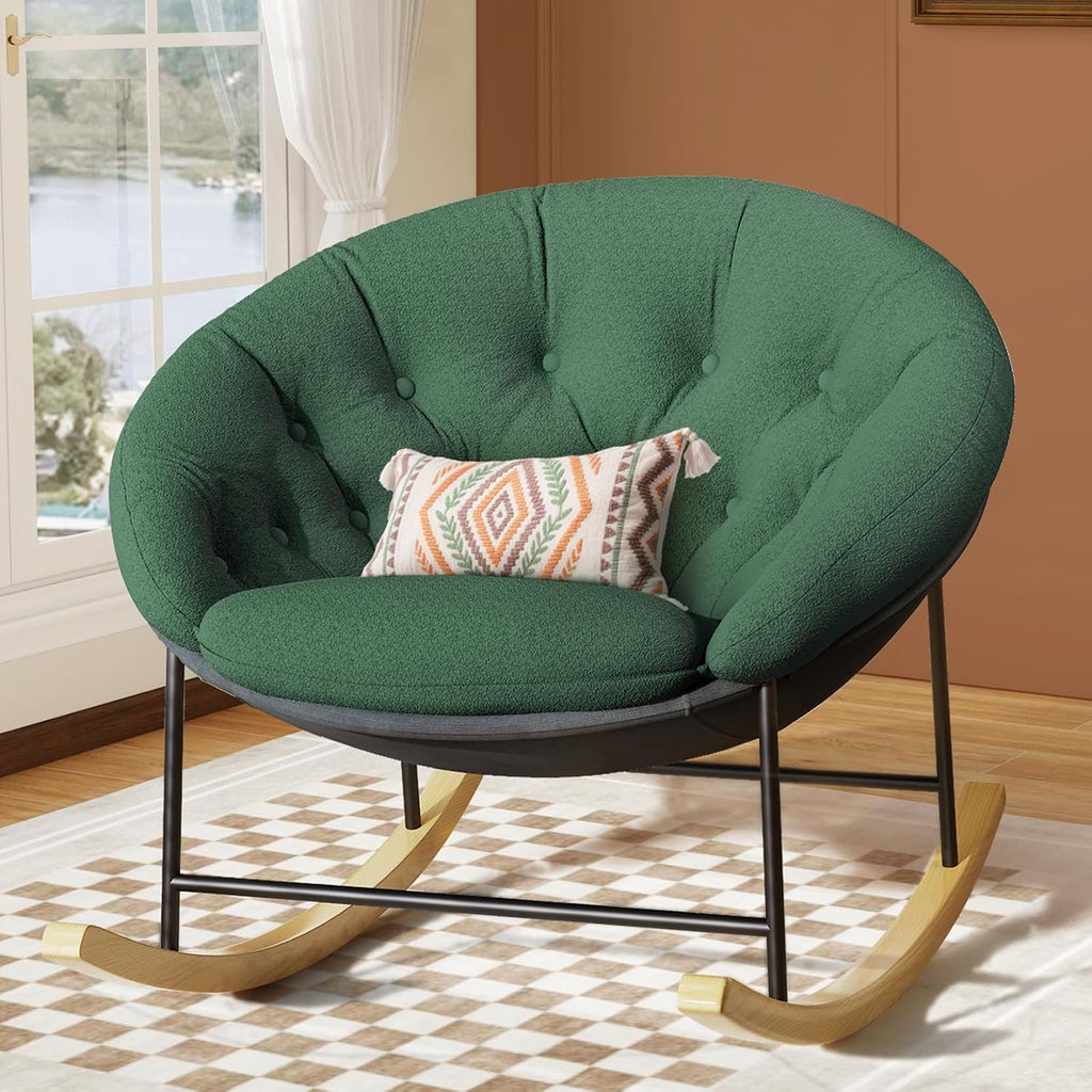 Kidirect Wide Rocking Chair Nursery, Comfy Saucer Nursery Rocking Chairs with Removable Cushion, Indoor Papasan Nursing Chair for Breastfeeding, Mecedora Para Adultos for Living Room & Bedroom (Green)