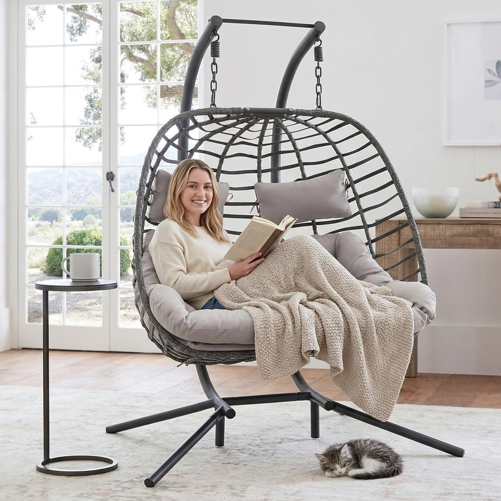 2 Person Hanging Egg Chair with Stand for Outdoor, Patio Hand Made Rattan Wicker Double Egg Swing Chairs Hammock Chair with UV Resistant Cushion and Metal Frame, Porch Swing Loveseat for Backyard