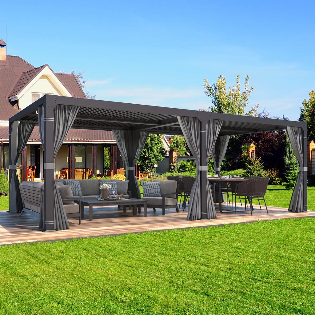 MELLCOM Aluminum Louvered Pergola - 10x20 with Adjustable Roof, Waterproof Curtains and Nets, Gray