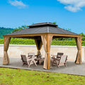 Domi Hardtop Gazebo 12x14FT, Outdoor Gazebo with Galvanized Steel Double Roof, Aluminum Frame, Built-in Gutter System, Curtain and Netting, Metal Gazebo Pavilion for Patio Deck Garden, Wood-Looking