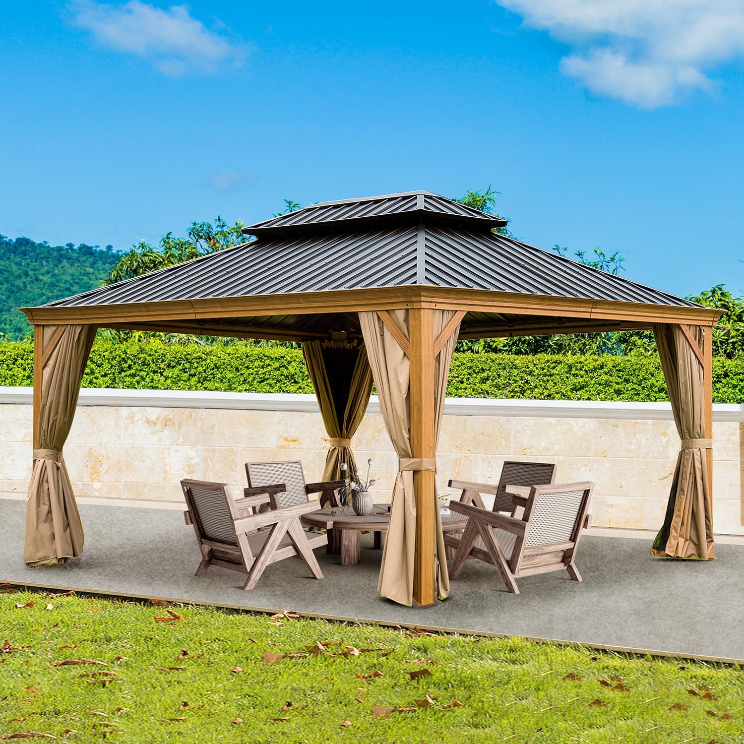 Domi Hardtop Gazebo 12x14FT, Outdoor Gazebo with Galvanized Steel Double Roof, Aluminum Frame, Built-in Gutter System, Curtain and Netting, Metal Gazebo Pavilion for Patio Deck Garden, Wood-Looking
