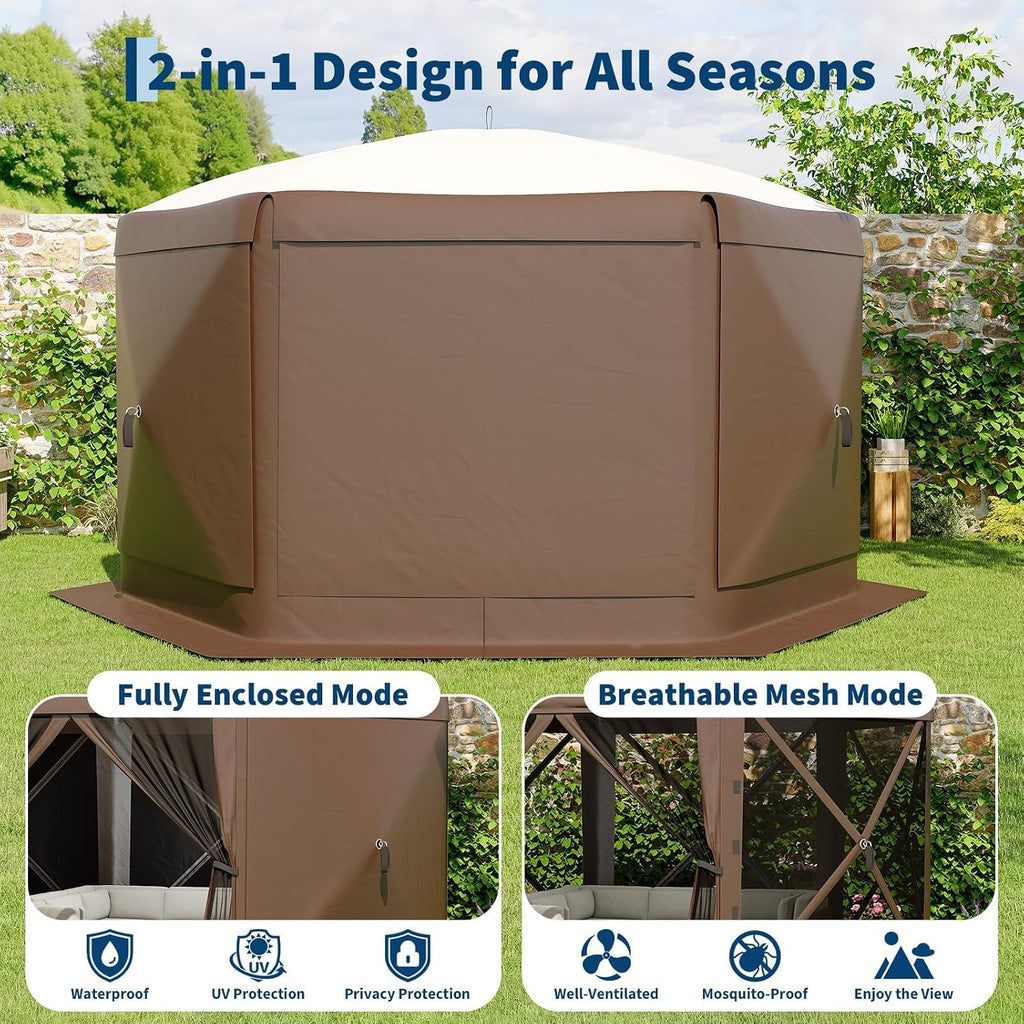GarveeLife 11.5x11.5FT 6-Sided Pop Up Gazebo Tent，One-Push Setup Canopy Tent with Mesh Panels & Removable Wind Cloths, Outdoor shelter for Camping, Backyard Parties, Outdoor Events - Beige & Khaki