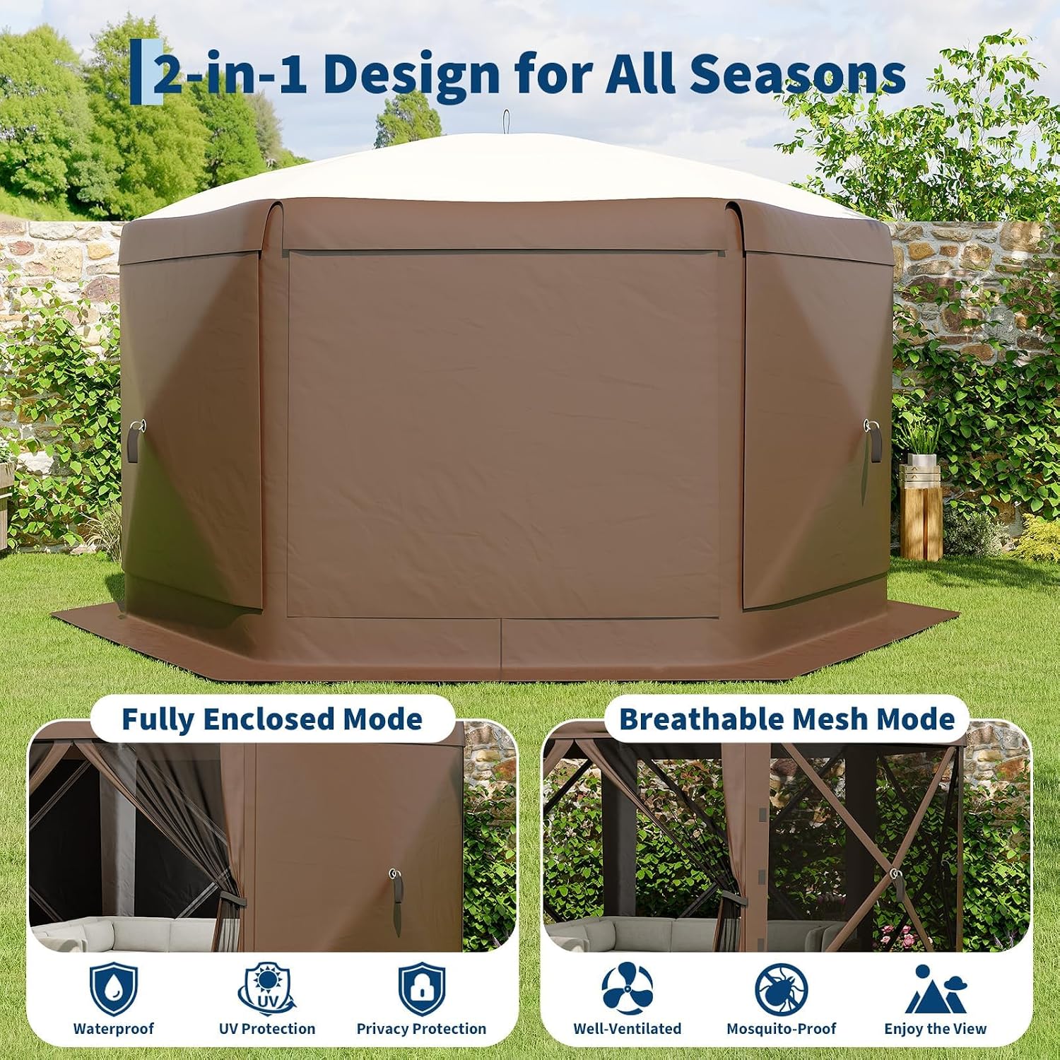 GarveeLife 11.5x11.5FT 6-Sided Pop Up Gazebo Tent，One-Push Setup Canopy Tent with Mesh Panels & Removable Wind Cloths, Outdoor shelter for Camping, Backyard Parties, Outdoor Events - Beige & Khaki