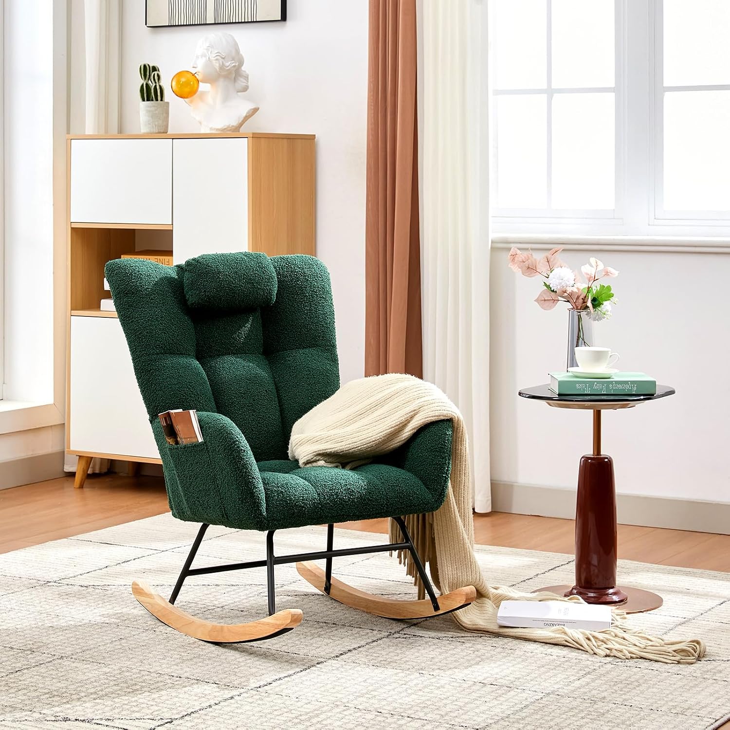 Nursery Rocking Chair,300Lb Glider Chair with Wood Legs/Two Side Pockets,Teddy Upholstered Glider Rocker with Padded Seat High Backrest for Living Room/Bedroom/Nursery