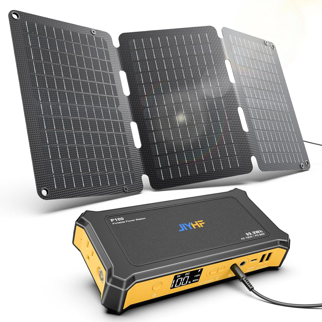 JIYHF Portable Power Station 99.9Wh with Foldable Solar Panel 30W, Laptop Charger & Backup Power with 65W USB-C PD, 100W AC Outlet, 12V DC Output, LED Light for Camping, Home Backup, Emergency, RV