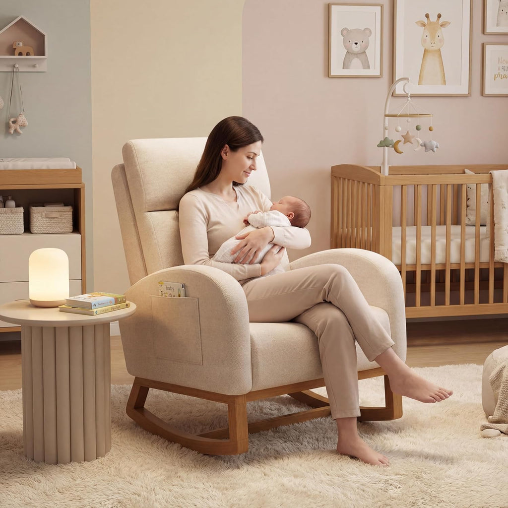 Gaussen Glider Rocking Chair Nursery Comfy Accent Chair with High Backrest Upholstered Living Room Chairs with Side Pocket Armchair Reading Chair for Bedroom Nursery Office, Cream