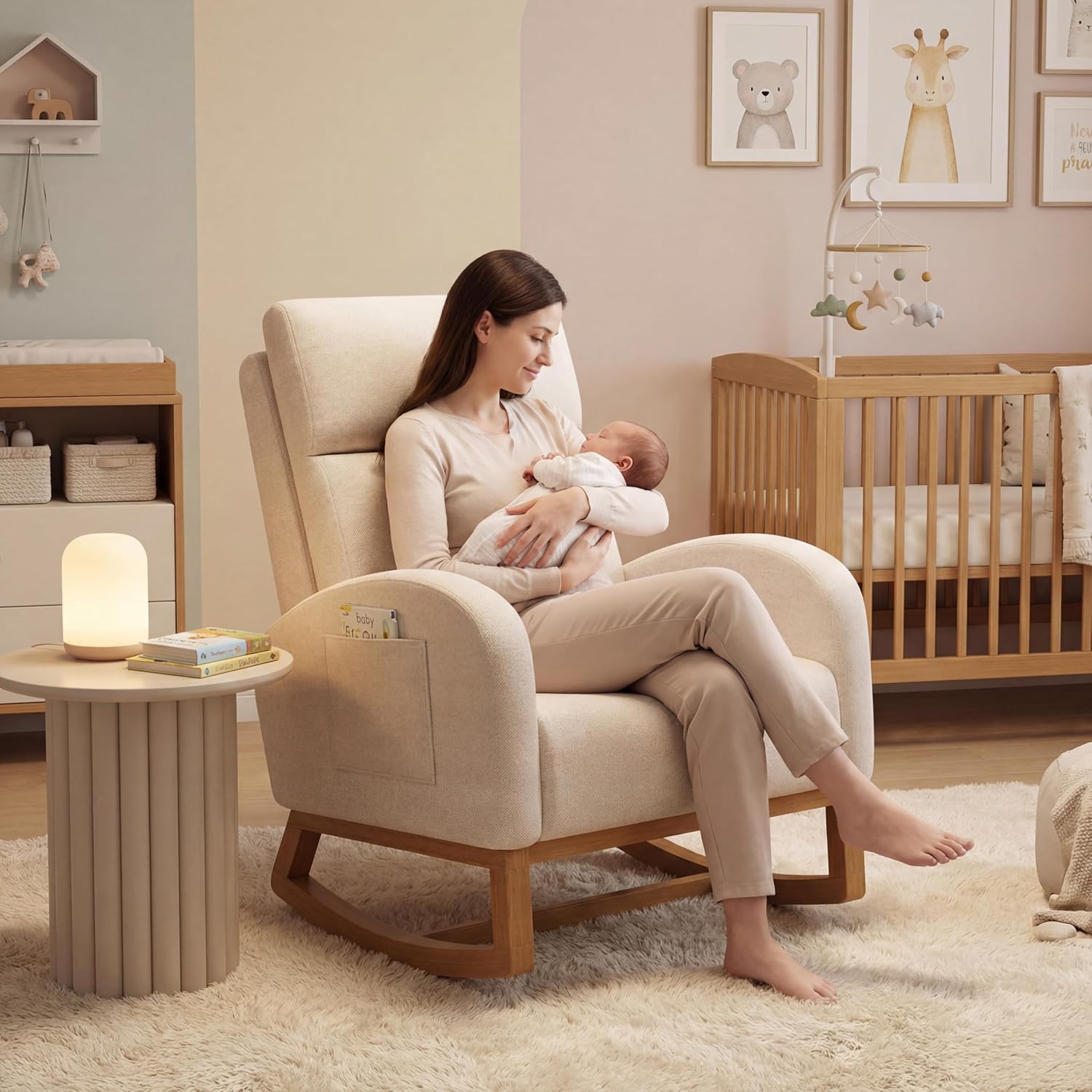 Gaussen Glider Rocking Chair Nursery Comfy Accent Chair with High Backrest Upholstered Living Room Chairs with Side Pocket Armchair Reading Chair for Bedroom Nursery Office, Cream