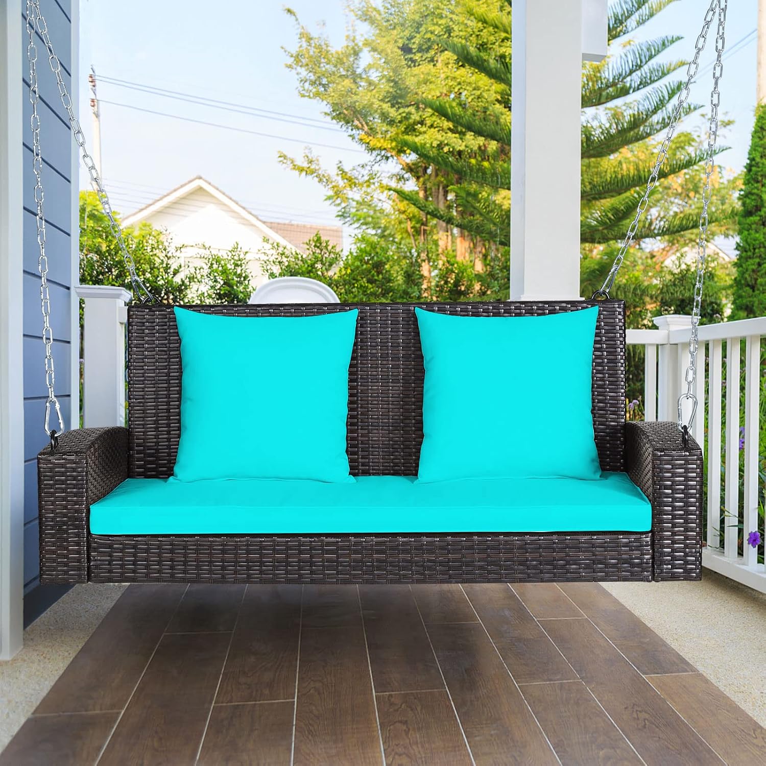 Tangkula 2-Person Wicker Hanging Porch Swing, Patiojoy Outdoor Rattan Swing Bench W/ 2 Back Cushions & 1 Seat Cushion, Sturdy Steel Chain, 800lbs Weight Capacity, Suitable for Deck, Backyard, Garden