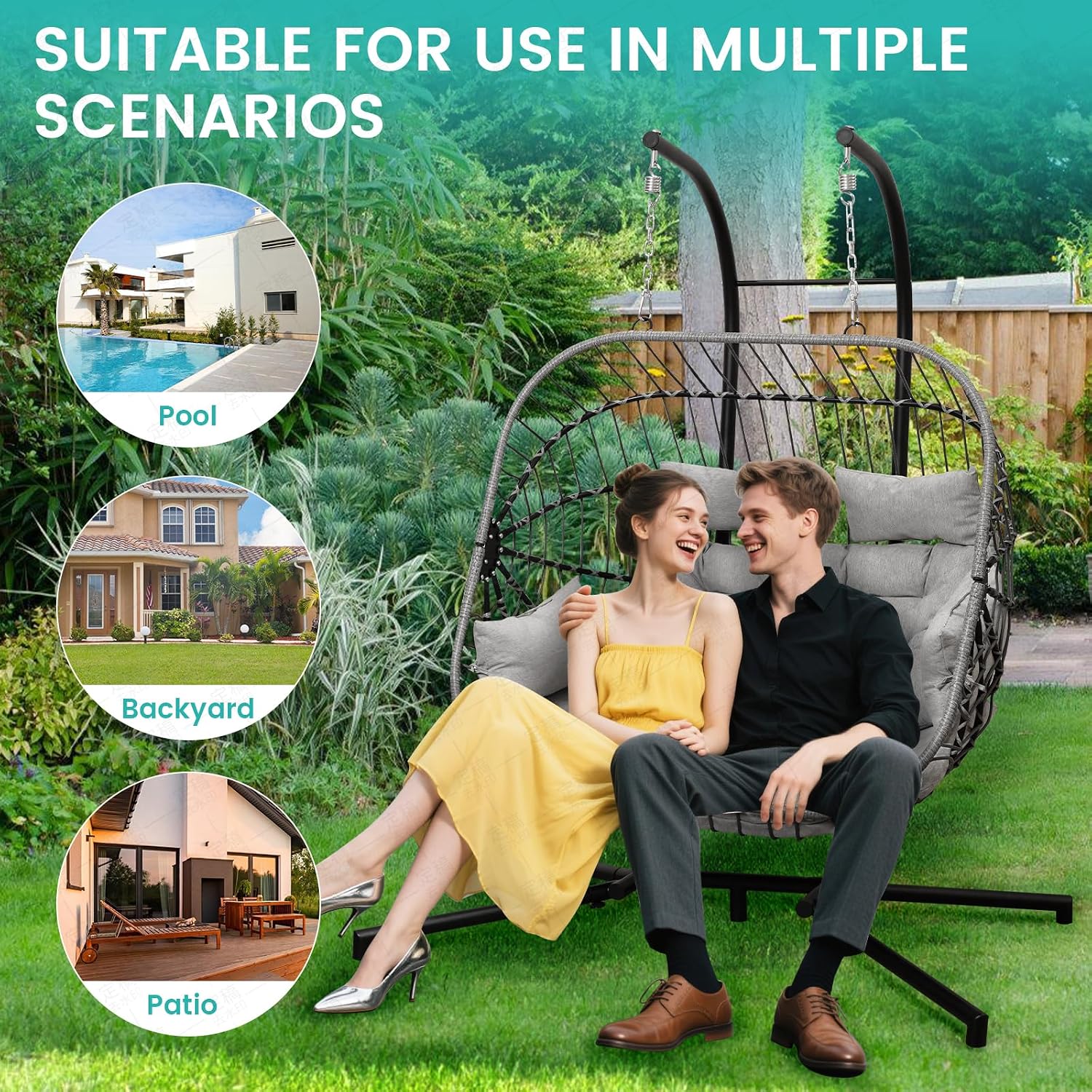 Double Egg Swing Chair with Stand Patio Rattan Wicker Hammock Chairs Outdoor Indoor Egg Swing Chair with Cushion Headrest 550 Lbs Capacity for Bedroom Balcony Garden Porch Backyard, Grey