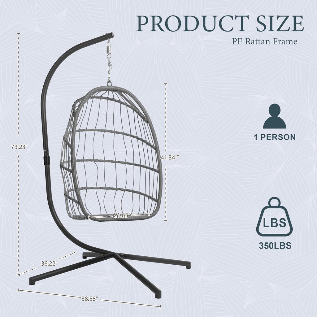 Yechen Indoor Outdoor Egg Hanging Chair with Stand, Patio Wicker Swing Egg Chair Indoor Swinging Chair Outdoor Hammock Egg Chair 350lbs Capacity for Patio Bedroom Balcony, Charcoal Grey (EG-001)