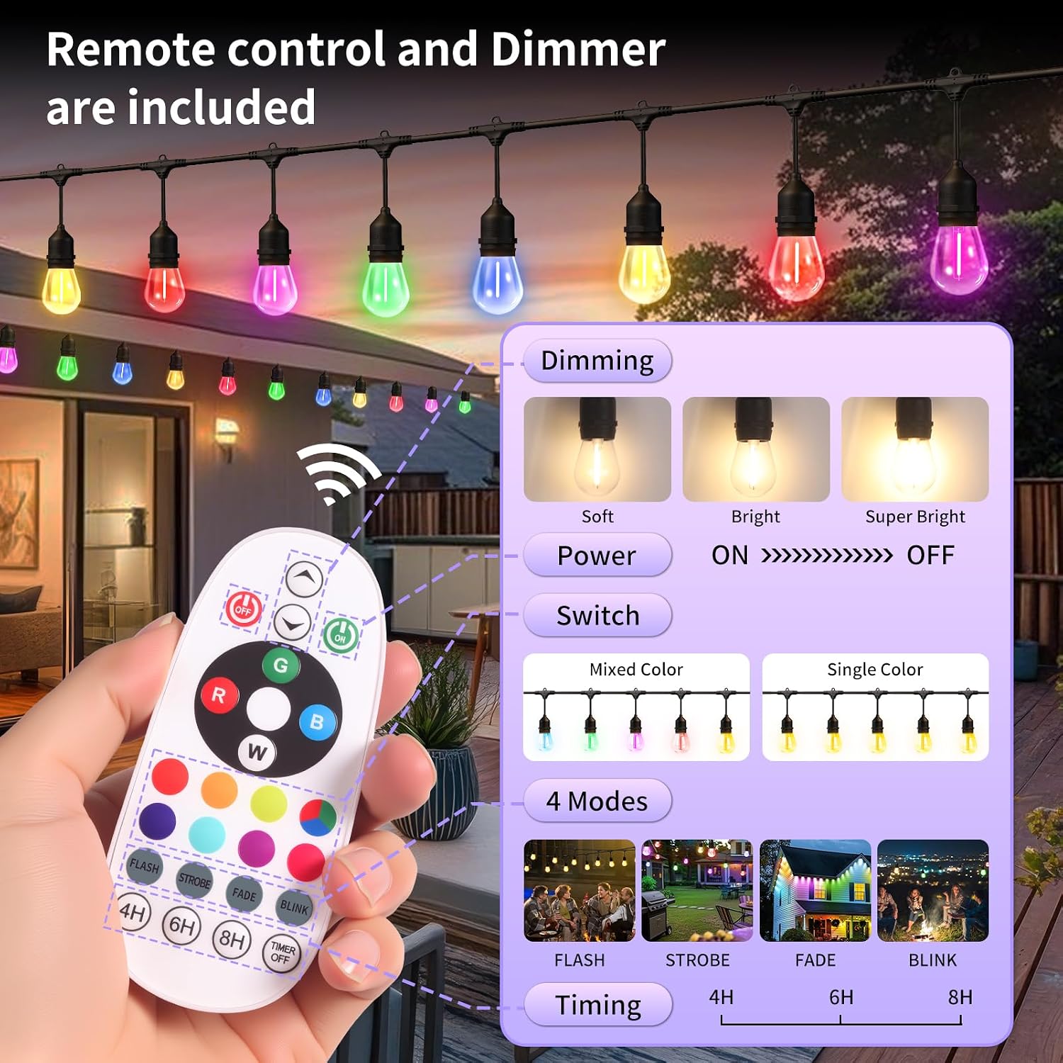 74FT Outdoor String Lights, Outdoor Lights for Patio,with 36+4 LED RGBW Color Change,3000K Bright White Waterproof Bulbs, Dimmer & Remote, Customized 12 Colors & 4 Modes, for Backyard Decor